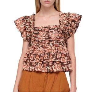 Sea‎ New York Emelia Print Flutter Sleeve Top in Brown Small